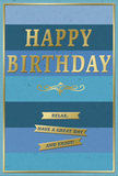 This birthday card presents a harmonious blend of tranquil blue stripes and gleaming gold details, capturing the kind of relaxed happiness you might feel during a peaceful birthday afternoon in Worcester Park. The background consists of wide, horizontal bands of blue that transition gracefully from a rich navy at the top through denim and teal shades to a soft, airy sky blue at the bottom. The layered blues create a gentle ombre effect, adding depth and a sense of calm movement across the card. At the center, the message "HAPPY BIRTHDAY" is set in large, embossed gold capital letters, the metallic foil catching the light with a subtle shimmer that brings a festive note to the contemplative palette. Just underneath the greeting, a graceful golden flourish curves outward, its classic, looping lines reminiscent of traditional calligraphy and elegant invitations. Below this decorative line, three narrow gold banners are carefully arranged in a tidy stack. Each small ribbon bears part of a warm, encouraging phrase: "Relax, have a great day and enjoy!" The wording feels intimate and sincere, like a personal reminder to slow down and truly appreciate the day. A slim border of gold frames the card on all sides, drawing the eye inward and lending the design a finished, gallery-like appearance, similar to a cherished print hanging in a Worcester Park sitting room. The card stock appears smooth and matte, making the gold accents stand out with a refined glow. It is easy to imagine this card standing proudly beside a vase of fresh flowers delivered across Worcester Park, adding a gentle, polished touch to any birthday celebration.